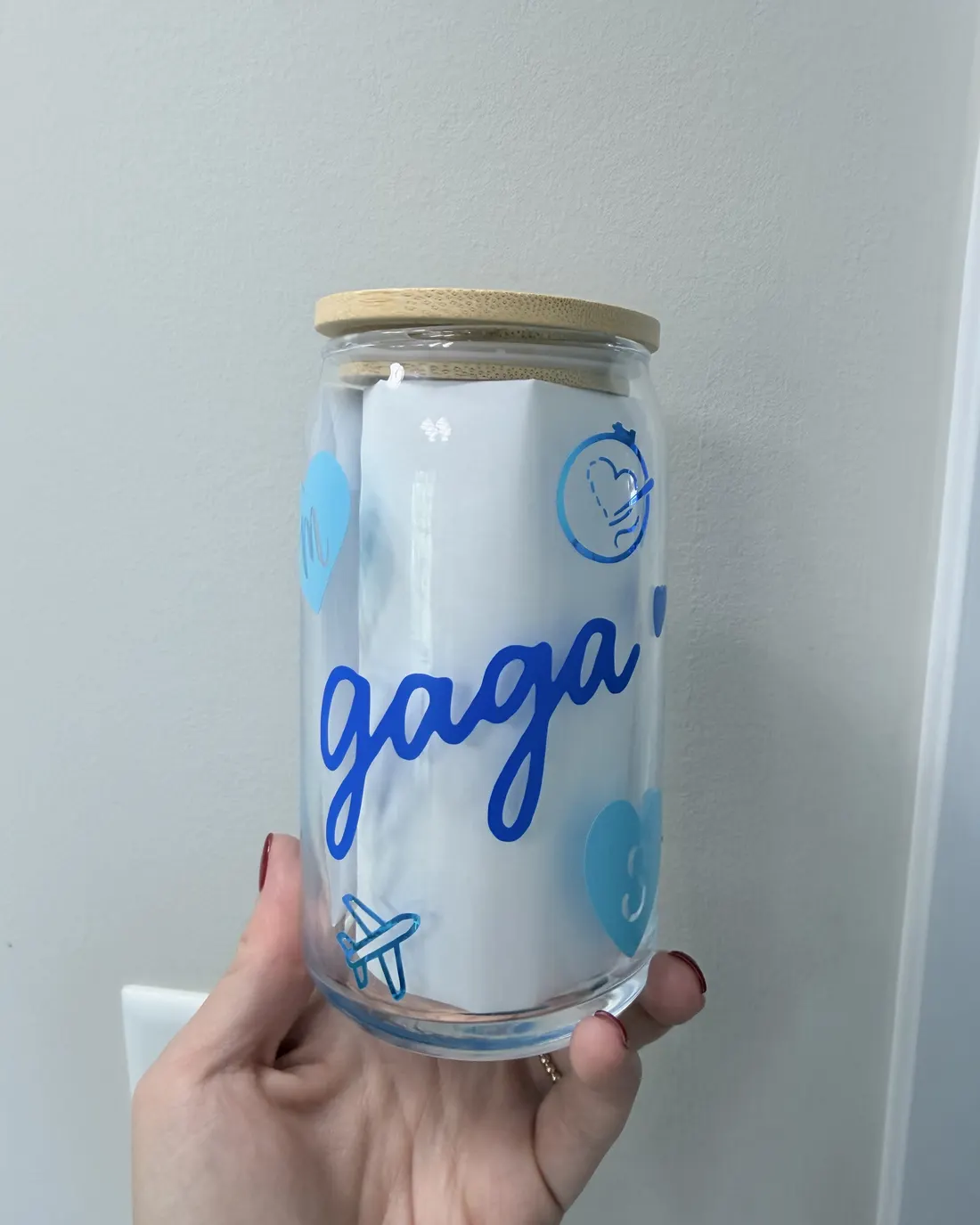 Glass can lettered as a gift for a grandmother