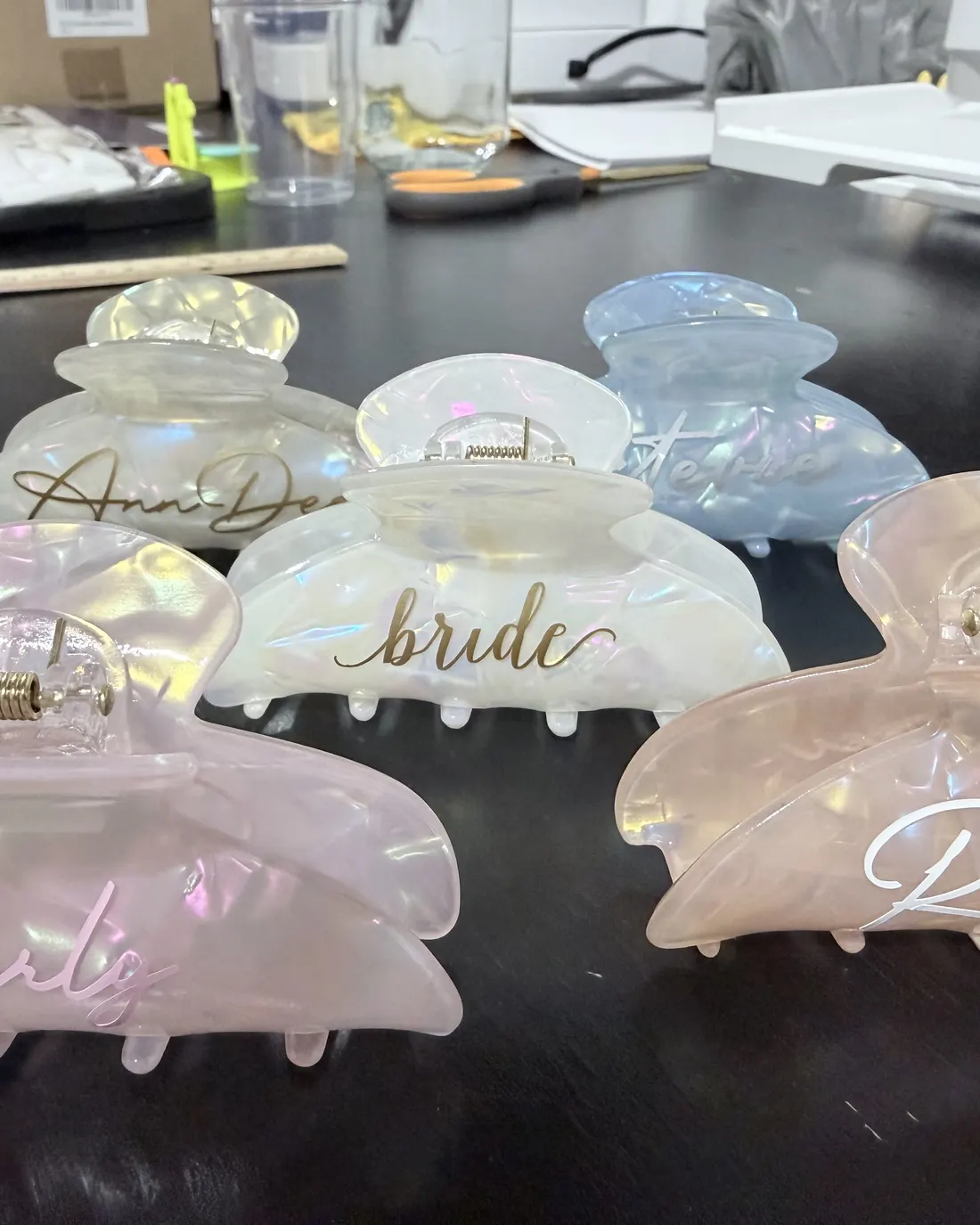 Iridescent claw clips personalized for a bridal party